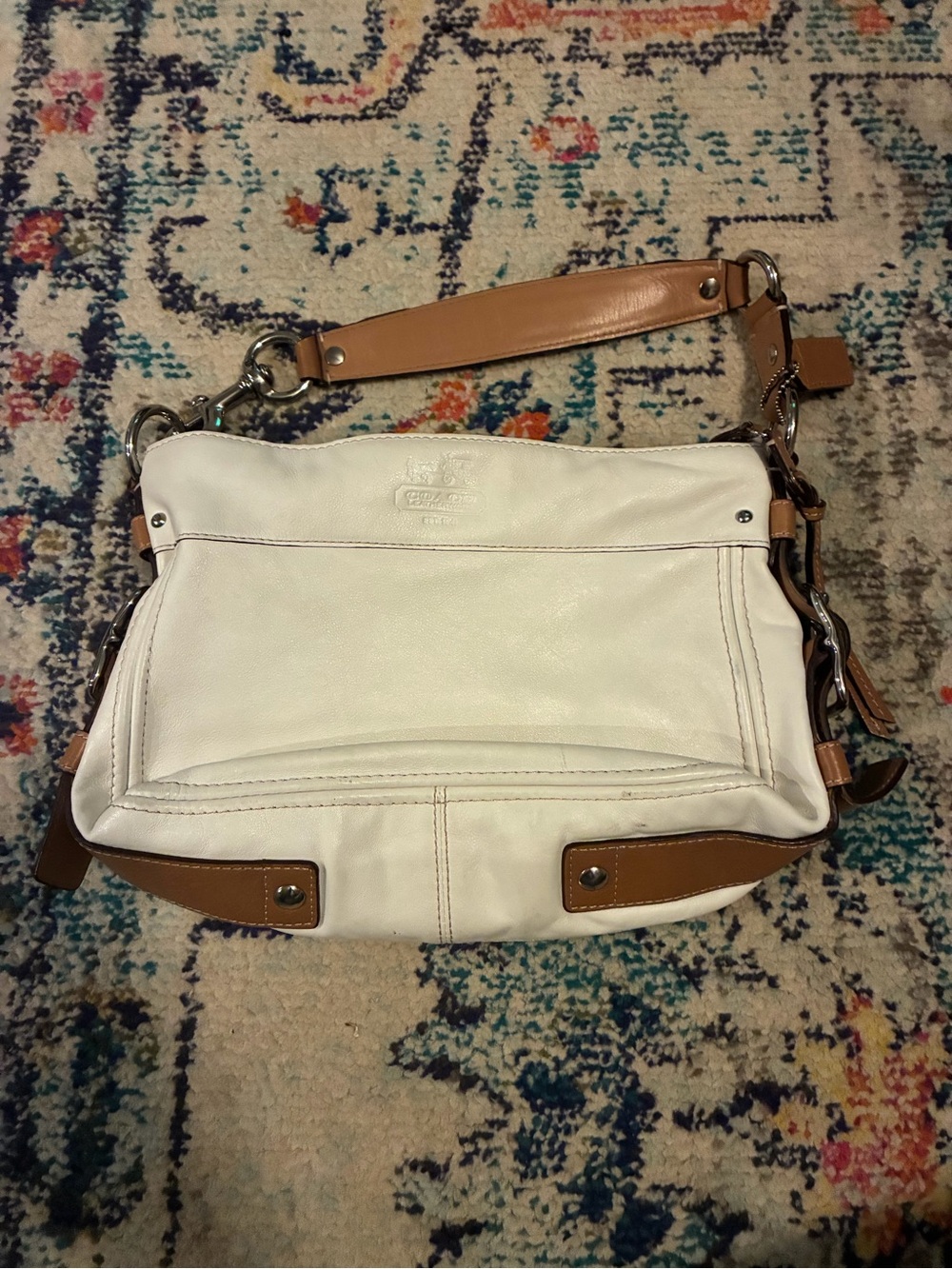 Coach White Leather Shoulder Bag with Tan Trim